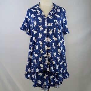 René Rofé French Bulldog Print PJ Set Short Sleeve Top Shorts Navy White L NWT
